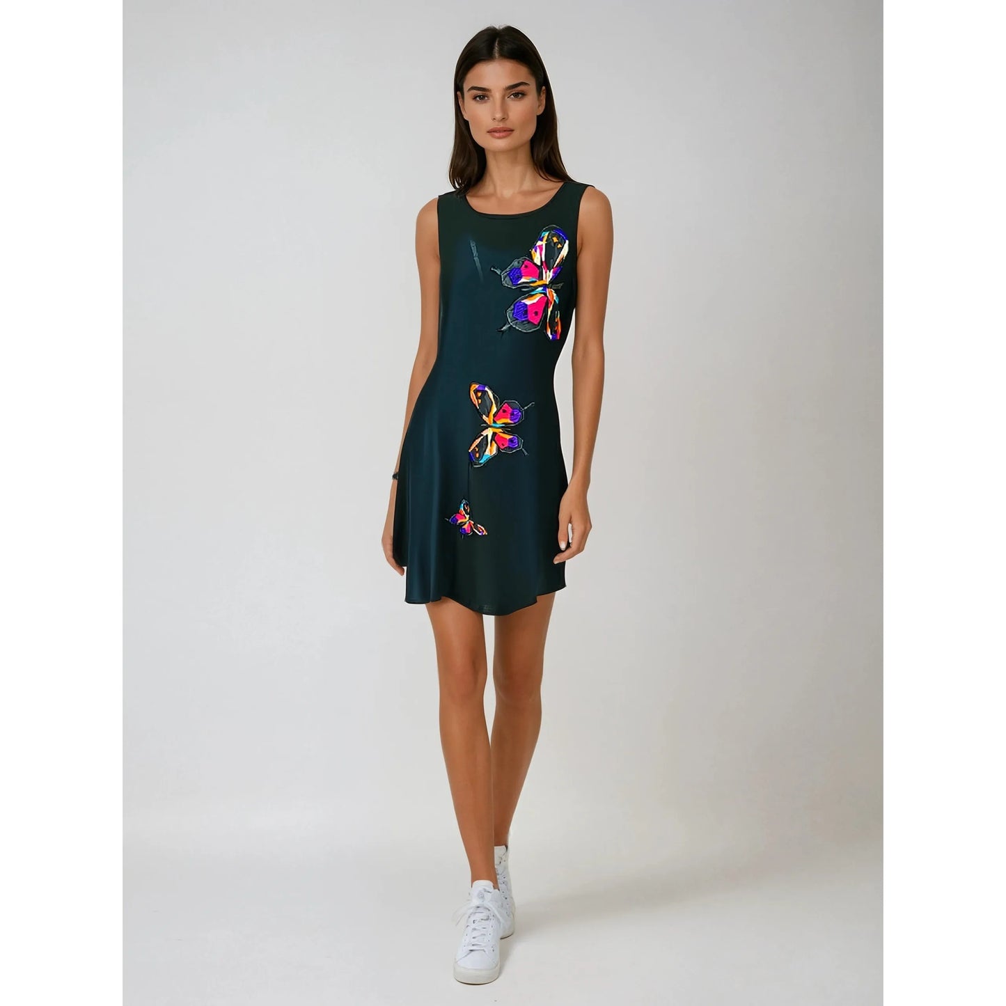 Black light jersey summer dress with butterflies appliques