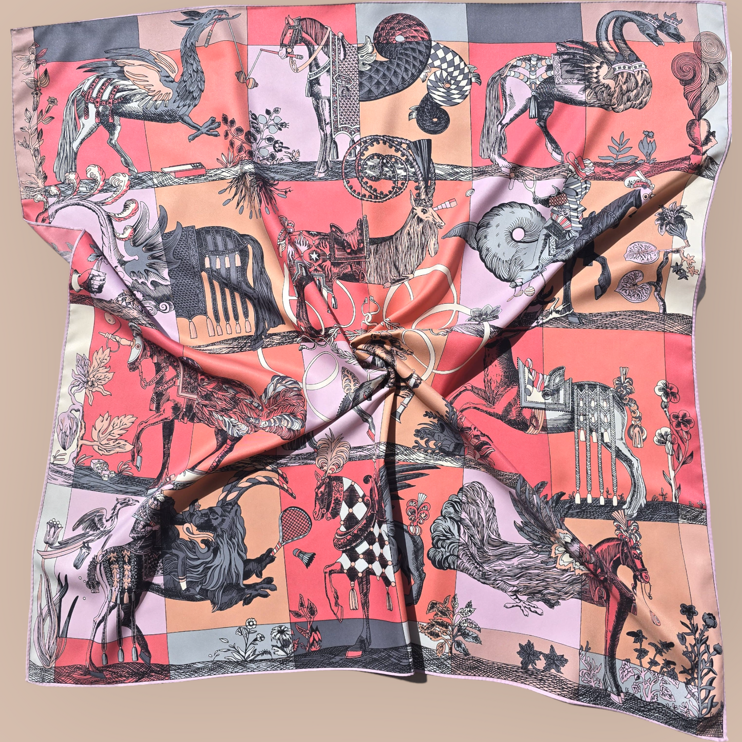 100% Twill Silk Scarf "Medieval Animals"