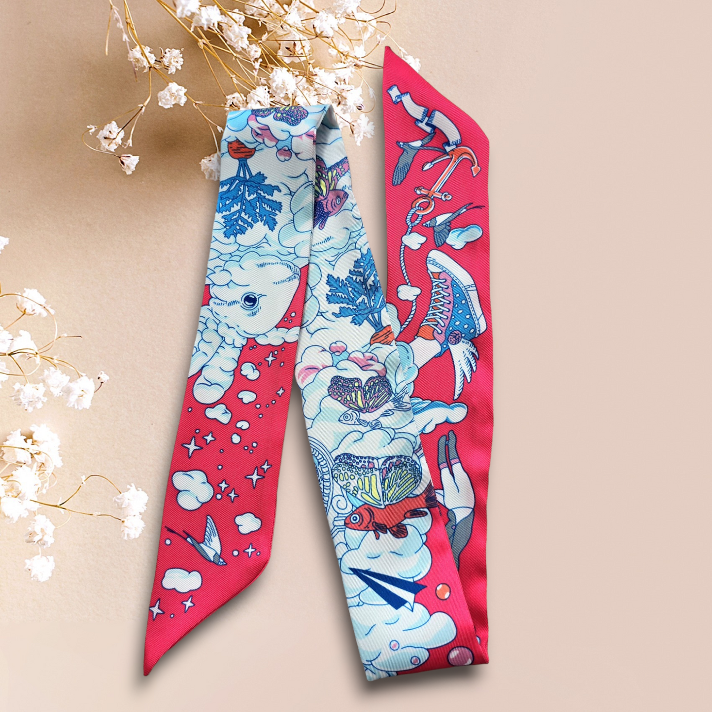 Twill Silk Long Scarf "Royaume Des Nuages"