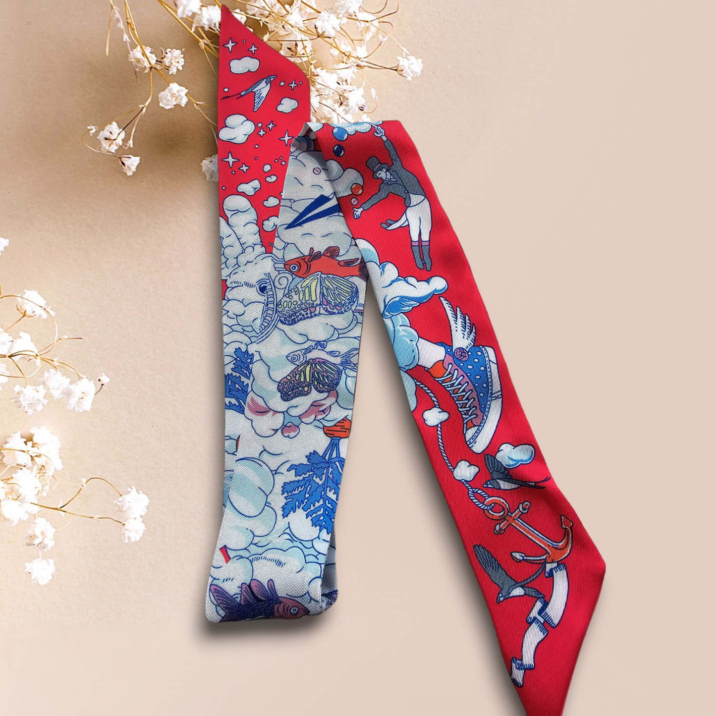 Twill Silk Long Scarf "Royaume Des Nuages"