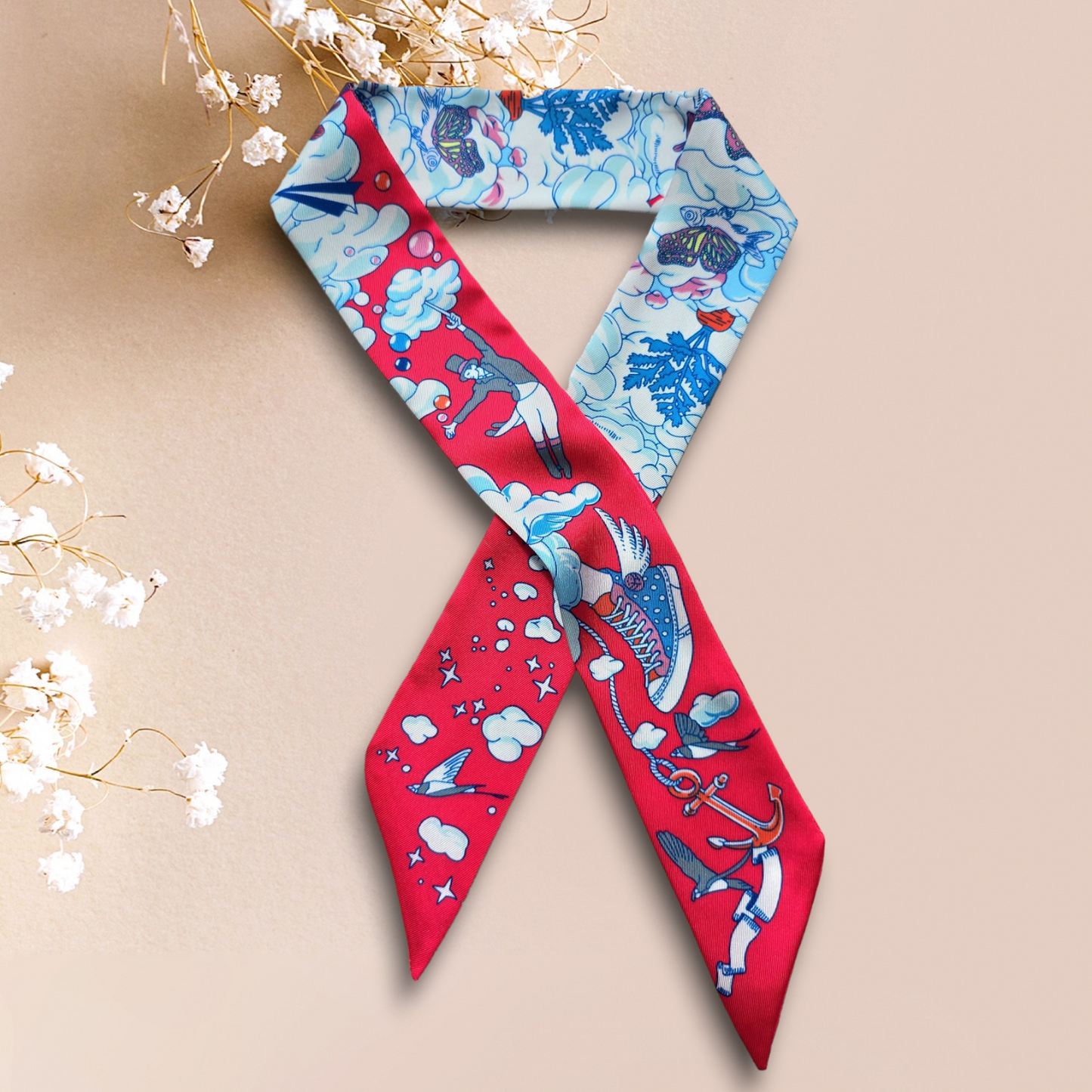 Twill Silk Long Scarf "Royaume Des Nuages"