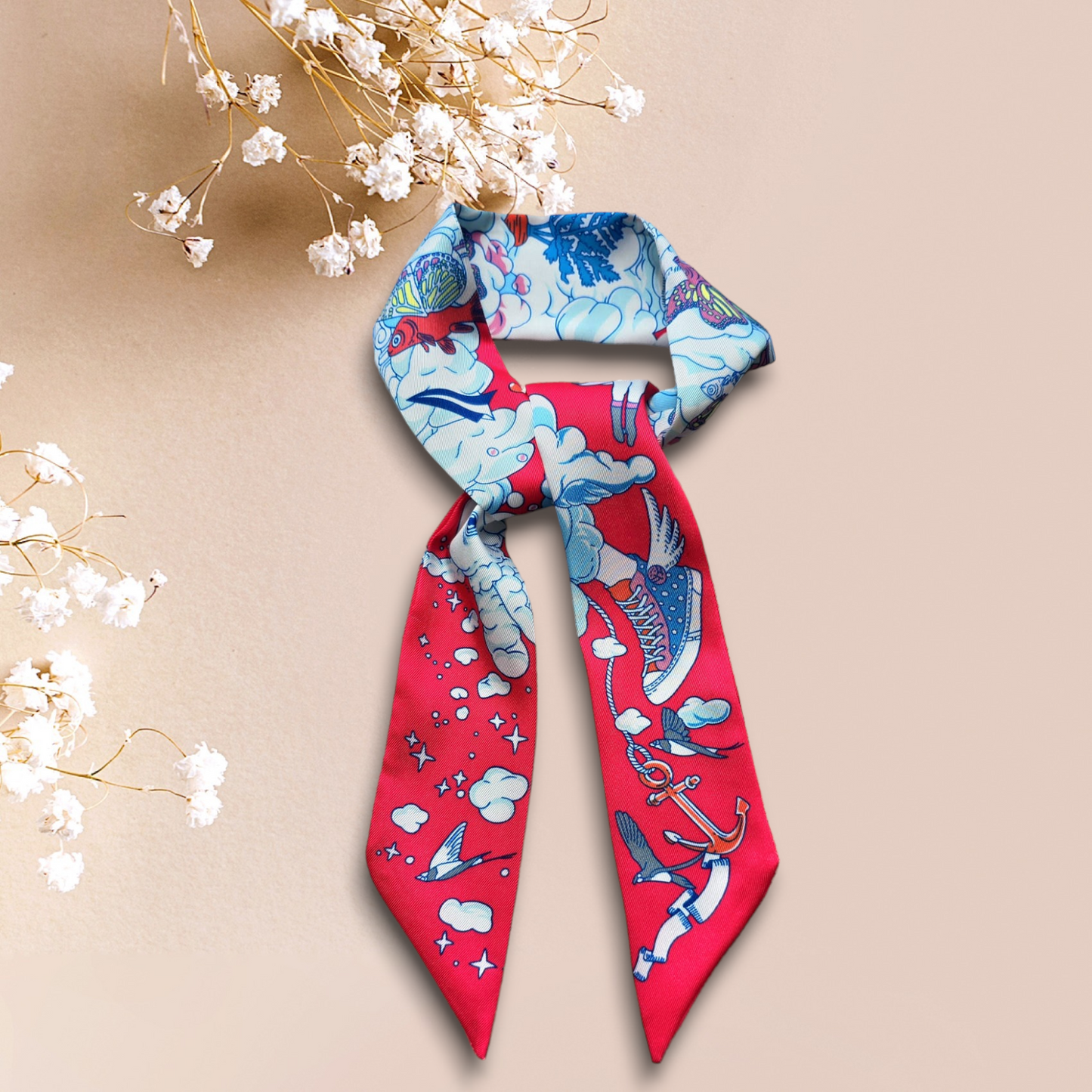 Twill Silk Long Scarf "Royaume Des Nuages"