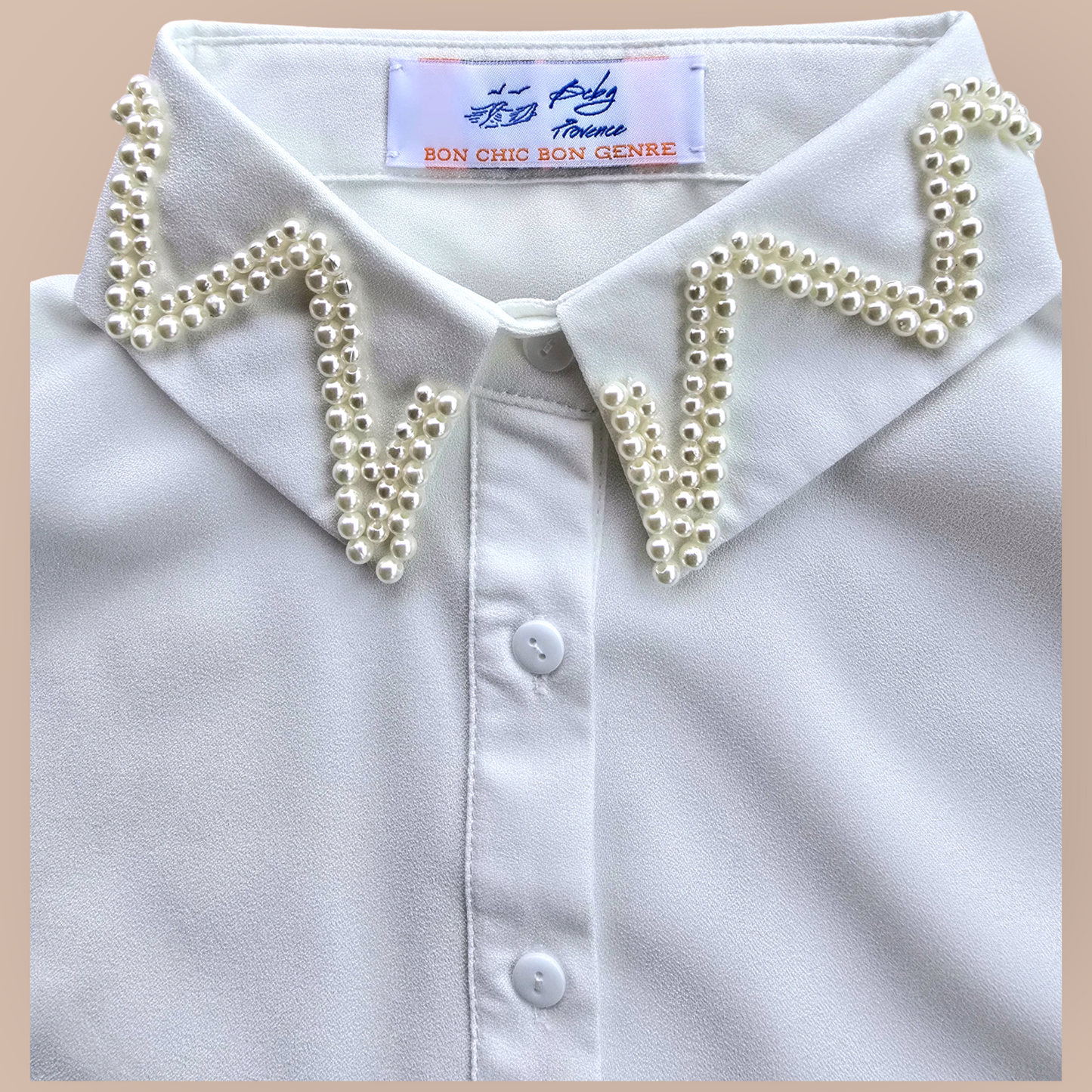 White Faux Collar Shirt Embroidered With Pearls For Woman