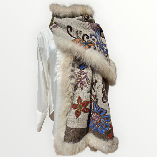 Hand Made 100% Wool Shawl With Fur Edges Trim