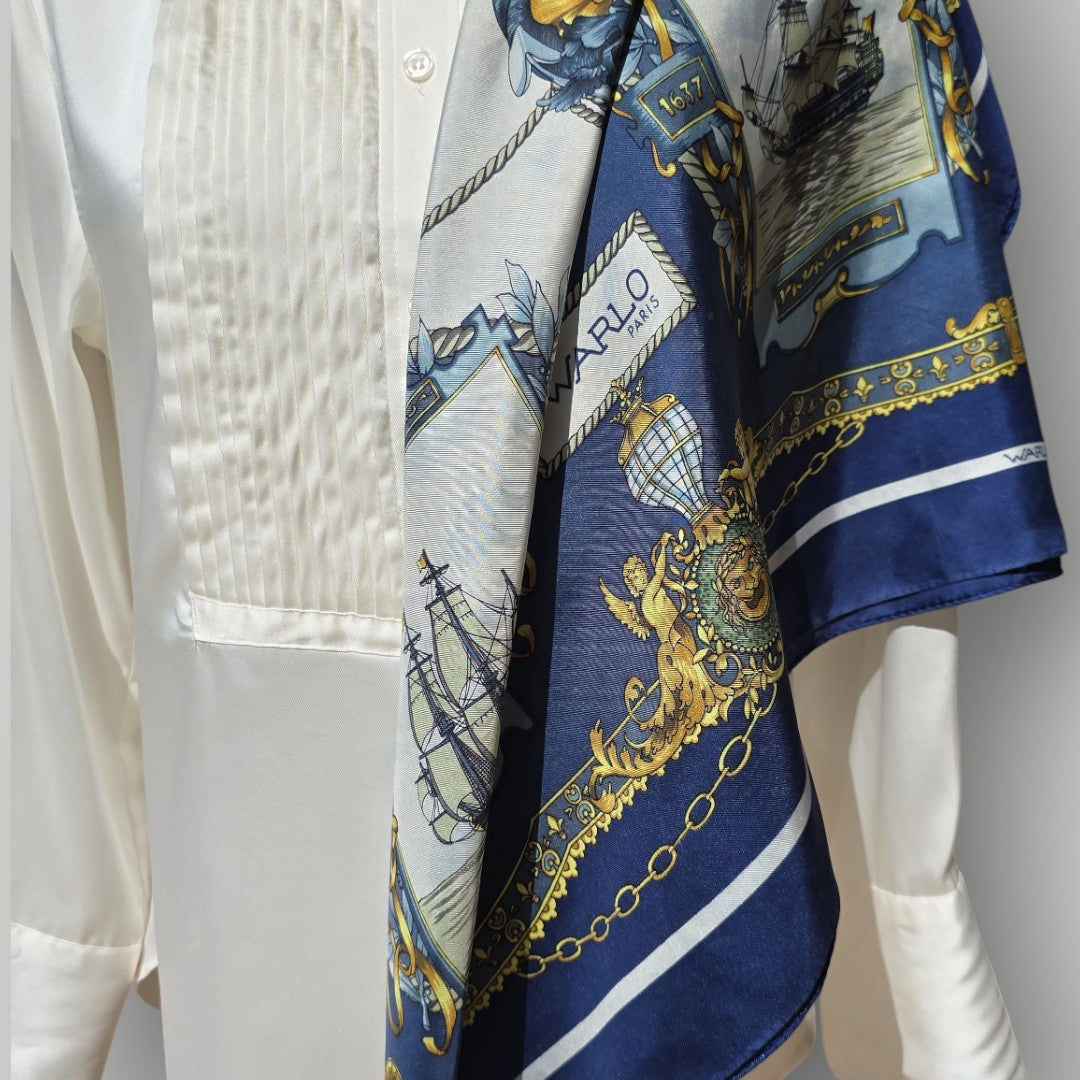 Vintage French Warlo Paris Pure Silk Scarf Hand Rolled Edges Nautical Design