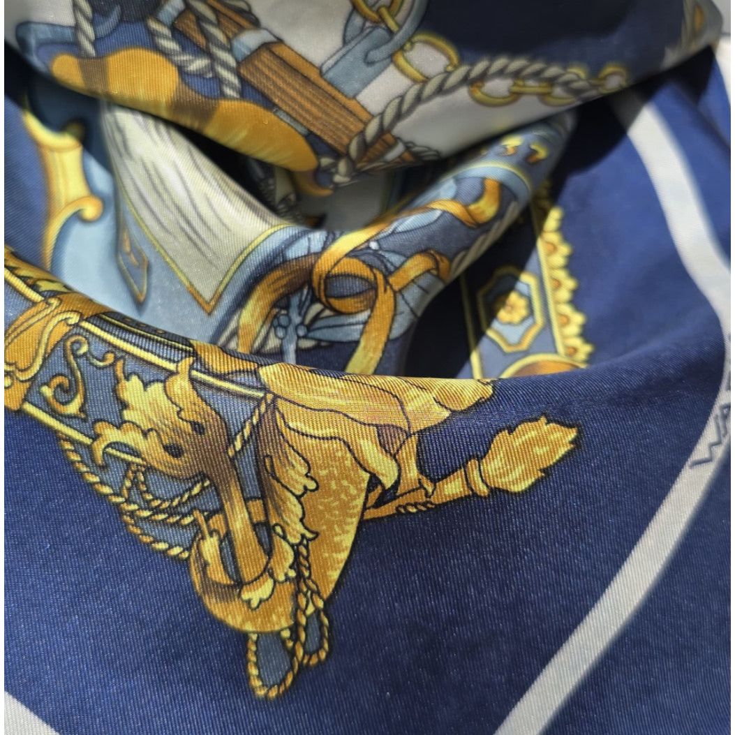 Vintage French Warlo Paris Pure Silk Scarf Hand Rolled Edges Nautical Design