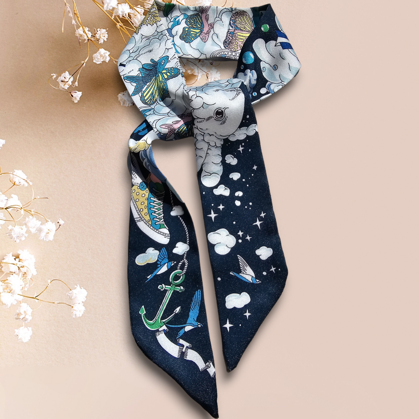 Twill Silk Long Scarf "Royaume Des Nuages"