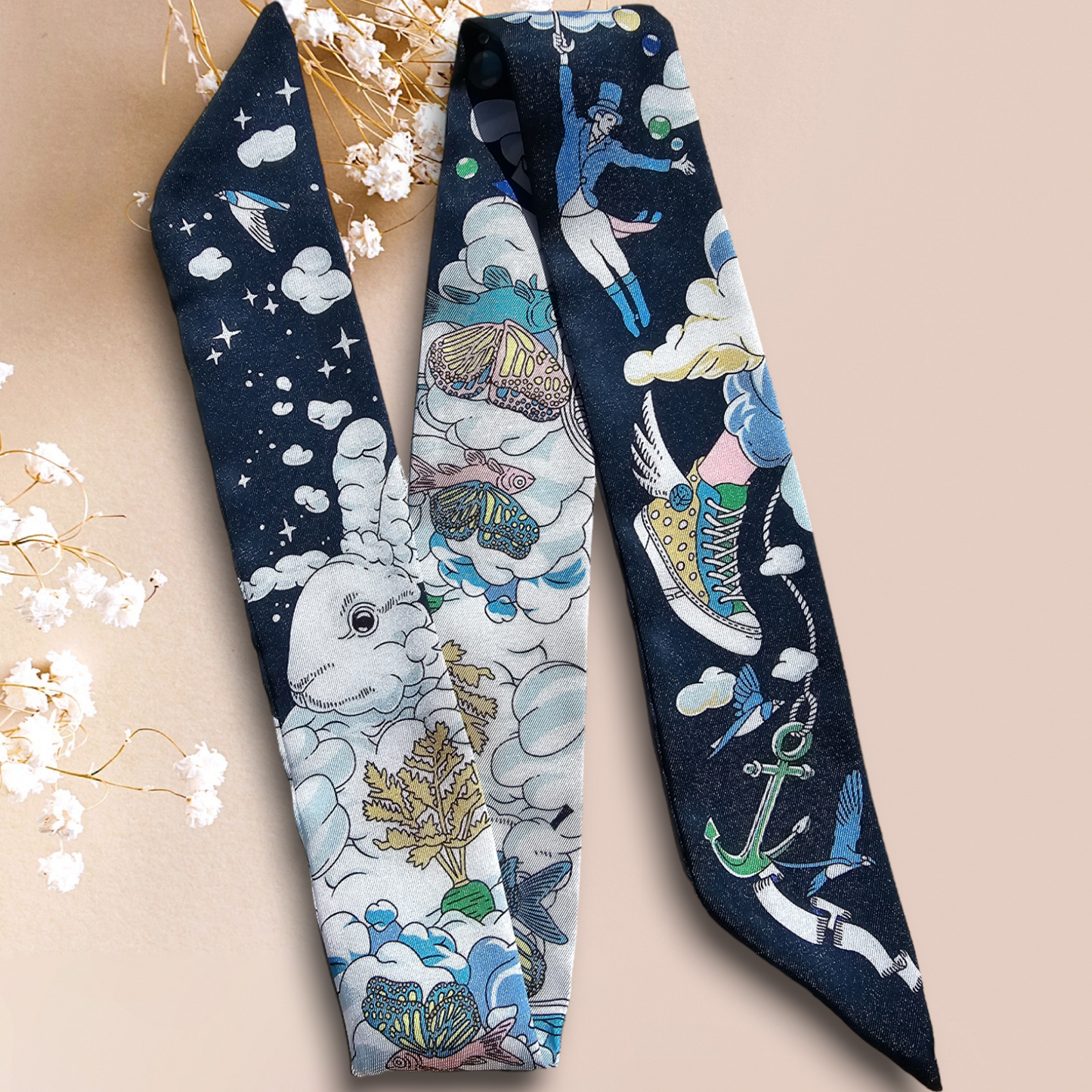 Twill Silk Long Scarf "Royaume Des Nuages"
