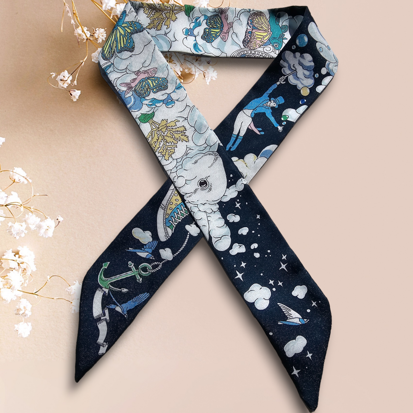 Twill Silk Long Scarf "Royaume Des Nuages"