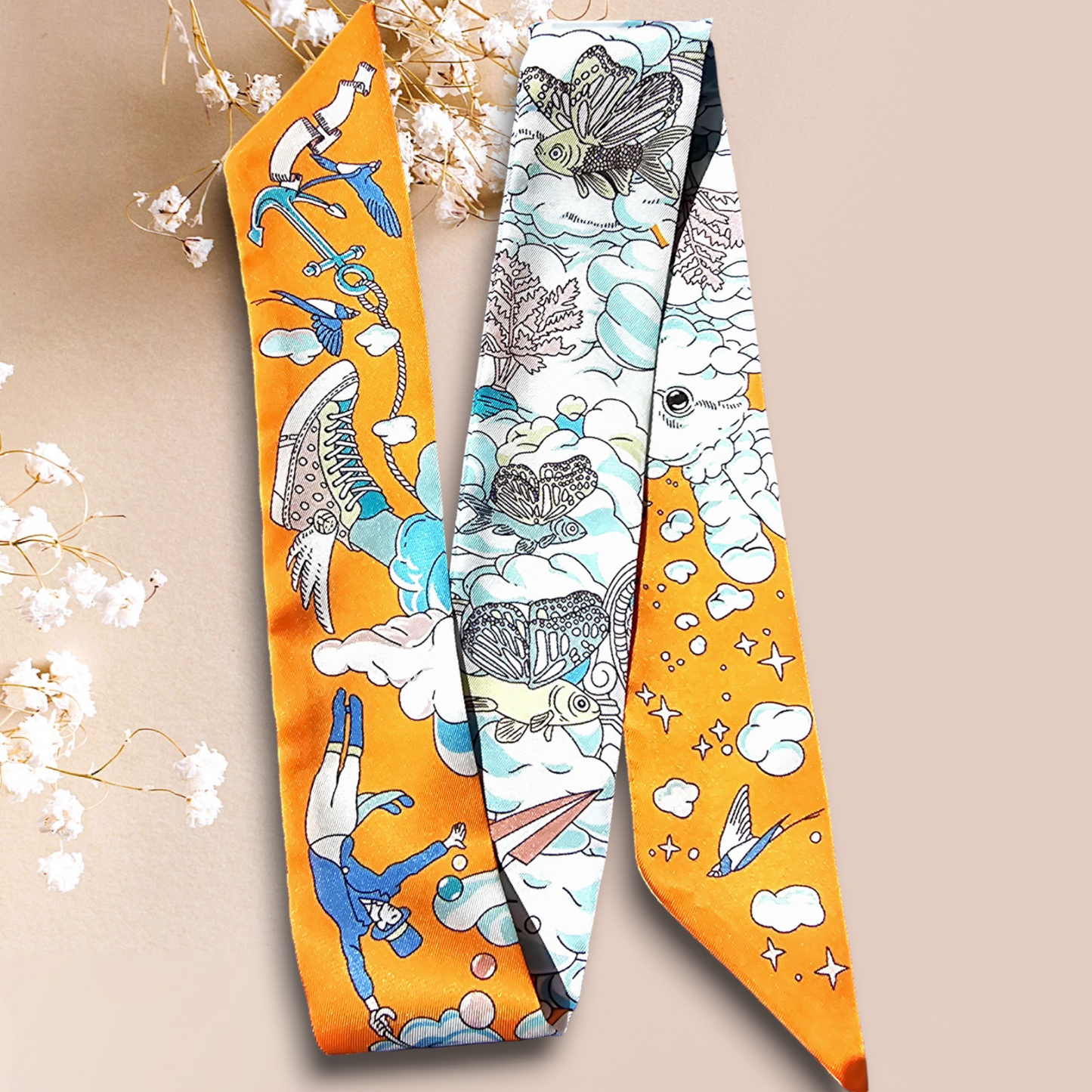 Twill Silk Long Scarf "Royaume Des Nuages"