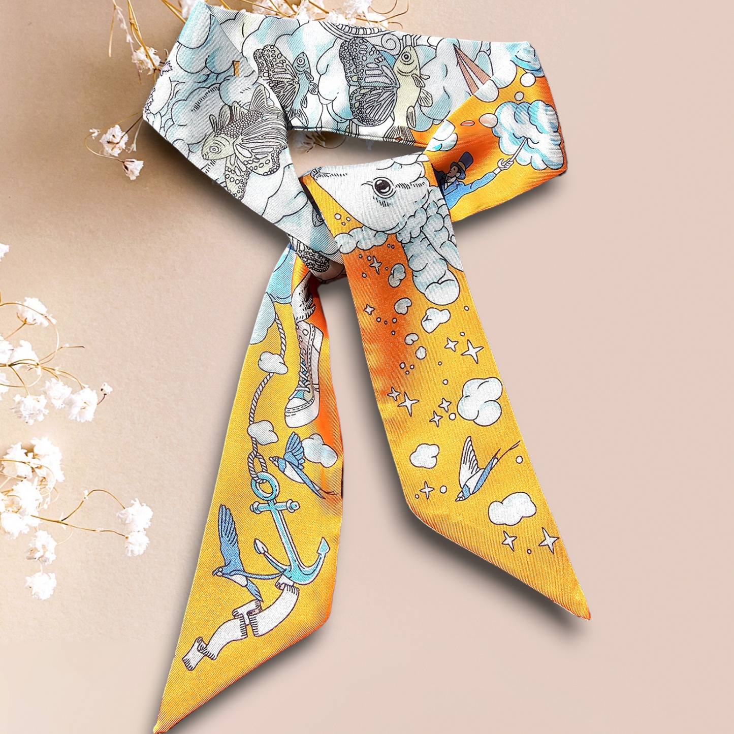 Twill Silk Long Scarf "Royaume Des Nuages"