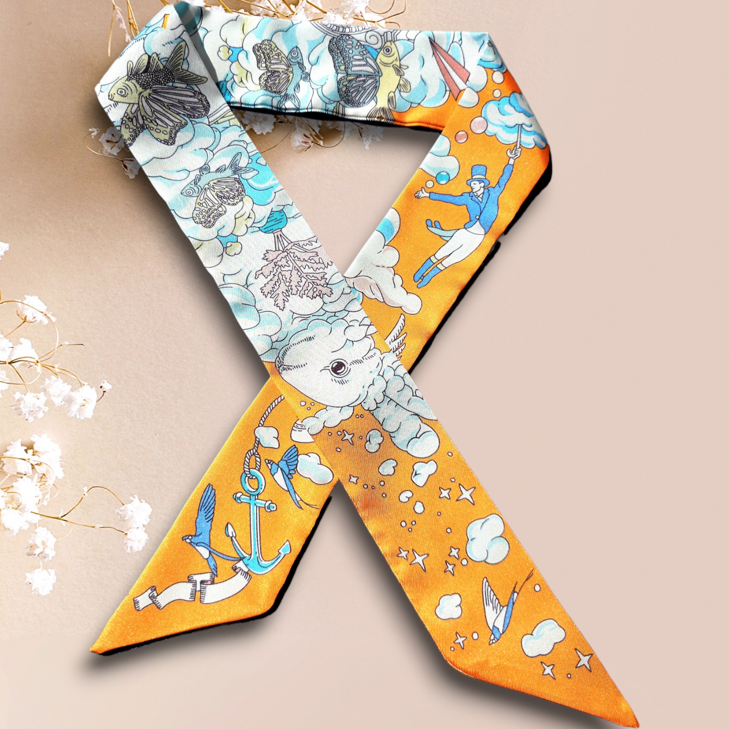 Twill Silk Long Scarf "Royaume Des Nuages"