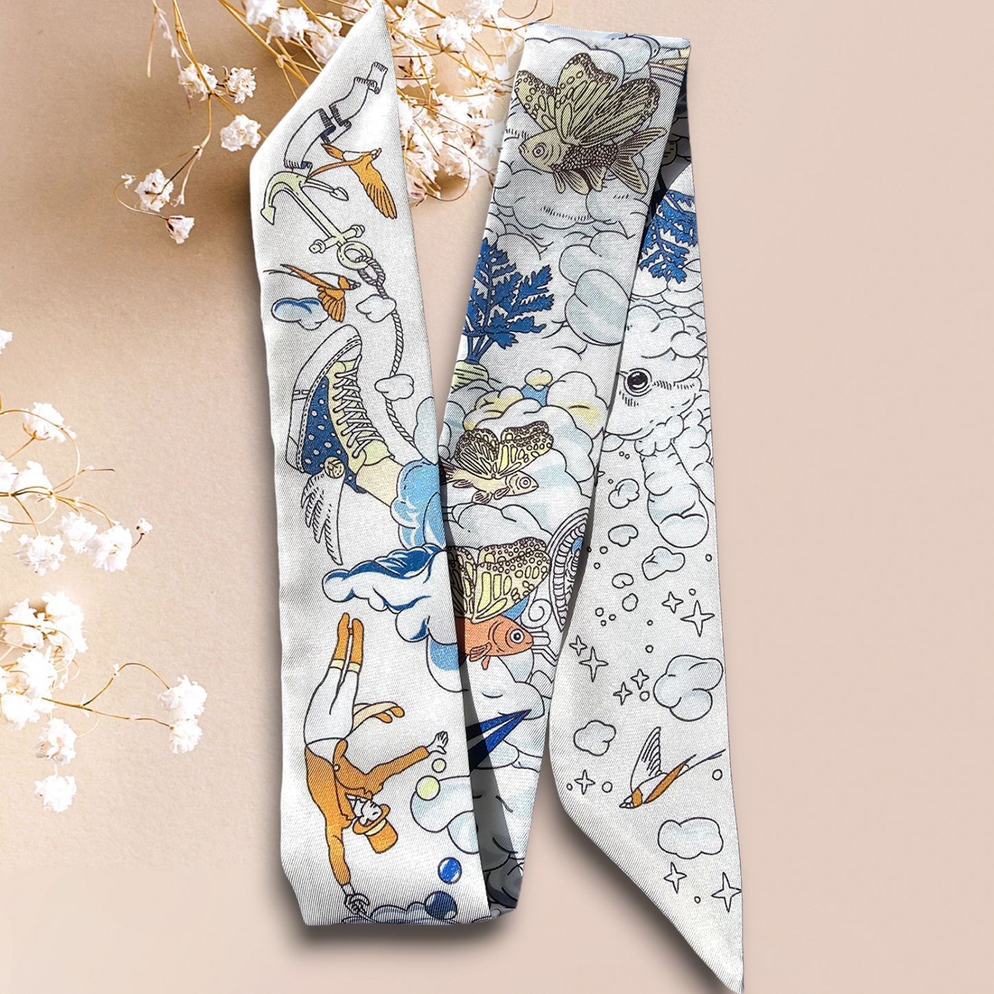 Twill Silk Long Scarf "Royaume Des Nuages"