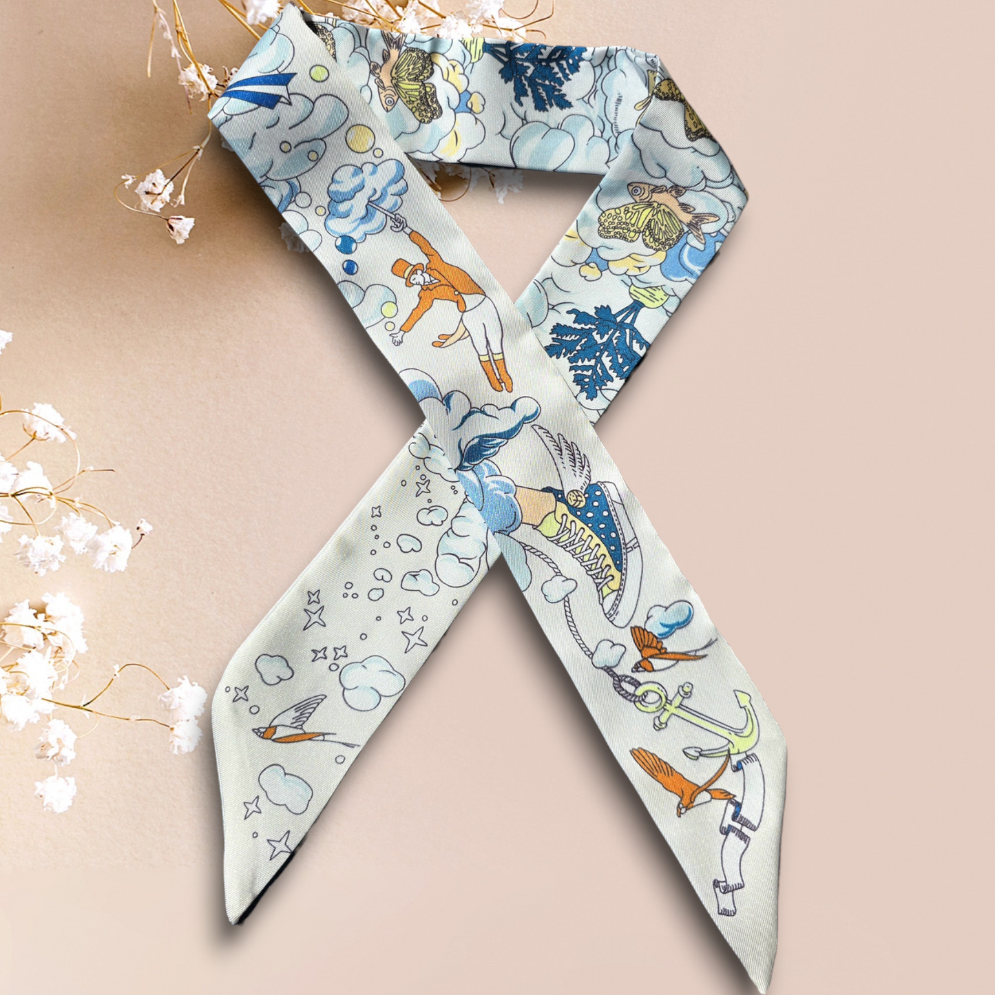 Twill Silk Long Scarf "Royaume Des Nuages"