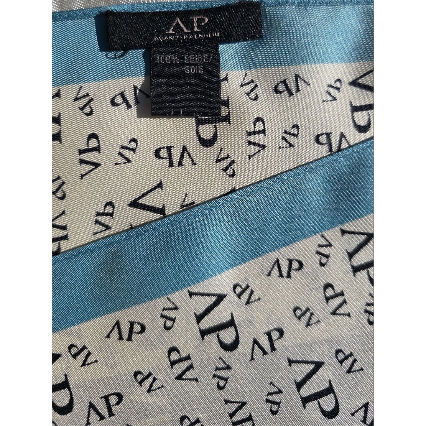 Vintage Avant-Première Silk Scarf Blue Black White Logo Pattern 100% Silk 1980s