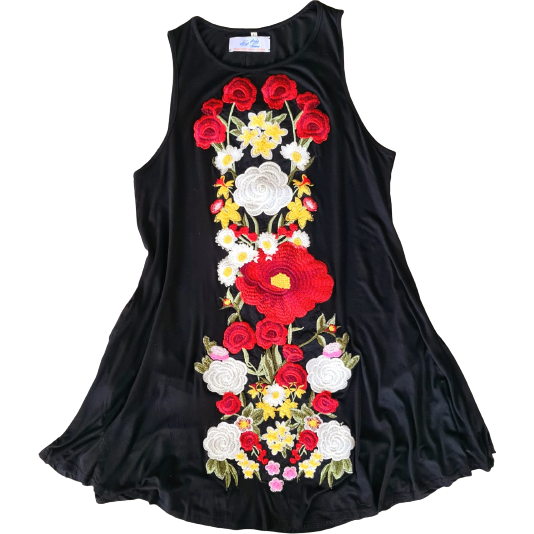 Black light jersey summer dress with flowers embroidery