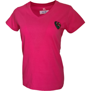 "Silk Heart" Slim Fit Fuchsia V-neck T-shirt For Ladies With Heart Embroidery Patch