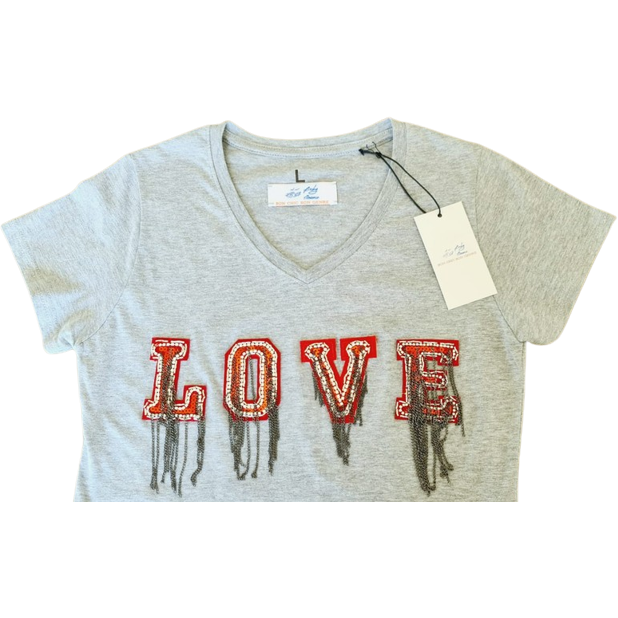 "Love" Grey V-Neck T-Shirt For Ladies With Embroidery Patch Details