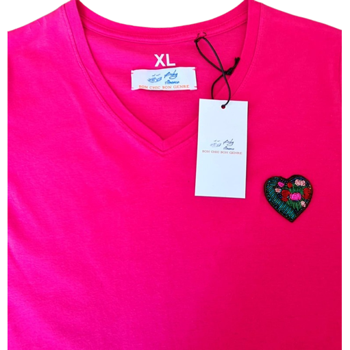 "Silk Heart" Slim Fit Fuchsia V-neck T-shirt For Ladies With Heart Embroidery Patch