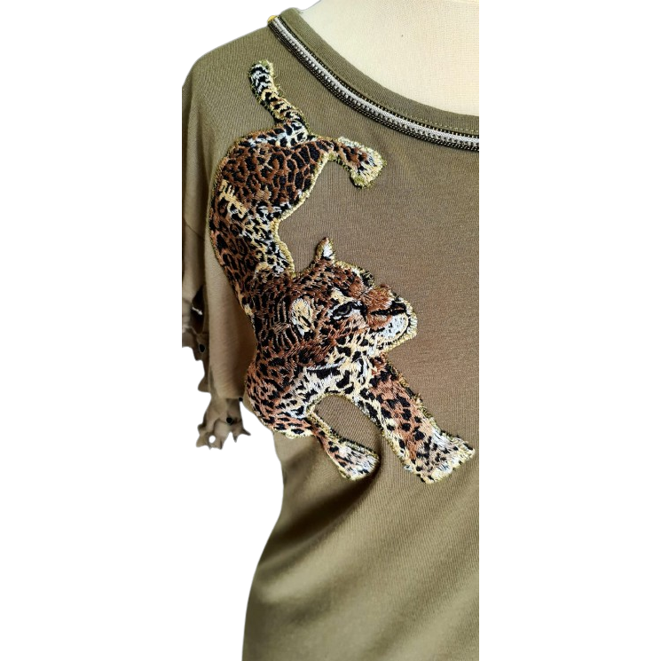 Khaki Green "Leo" T-Shirt For Ladies With Leopard Embroidery Patch And Metal Trim
