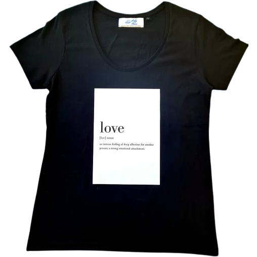 Black Round Neck T-Shirt For Ladies Classic Fit , "Love Is ..." Patch