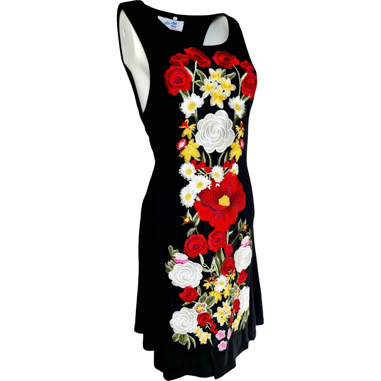 Black light jersey summer dress with flowers embroidery