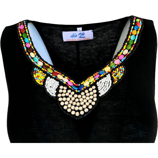 Blackcolour light jersey summer dress with beads neckline decor