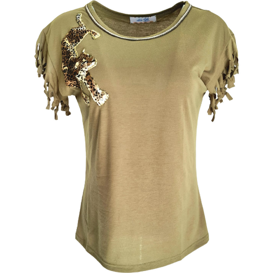 Khaki Green "Leo" T-Shirt For Ladies With Leopard Embroidery Patch And Metal Trim