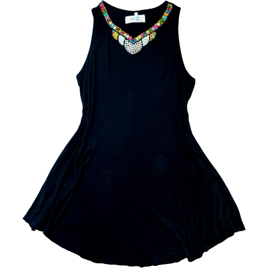Blackcolour light jersey summer dress with beads neckline decor