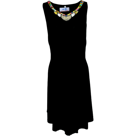 Blackcolour light jersey summer dress with beads neckline decor