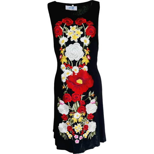 Black light jersey summer dress with flowers embroidery