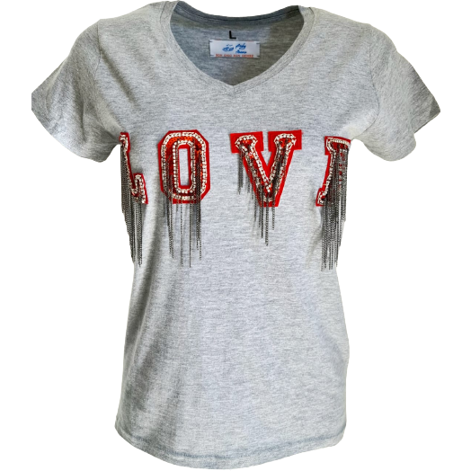 "Love" Grey V-Neck T-Shirt For Ladies With Embroidery Patch Details