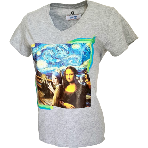 "Mona Lisa" Grey V-Neck T-Shirt For Woman Classic Fit