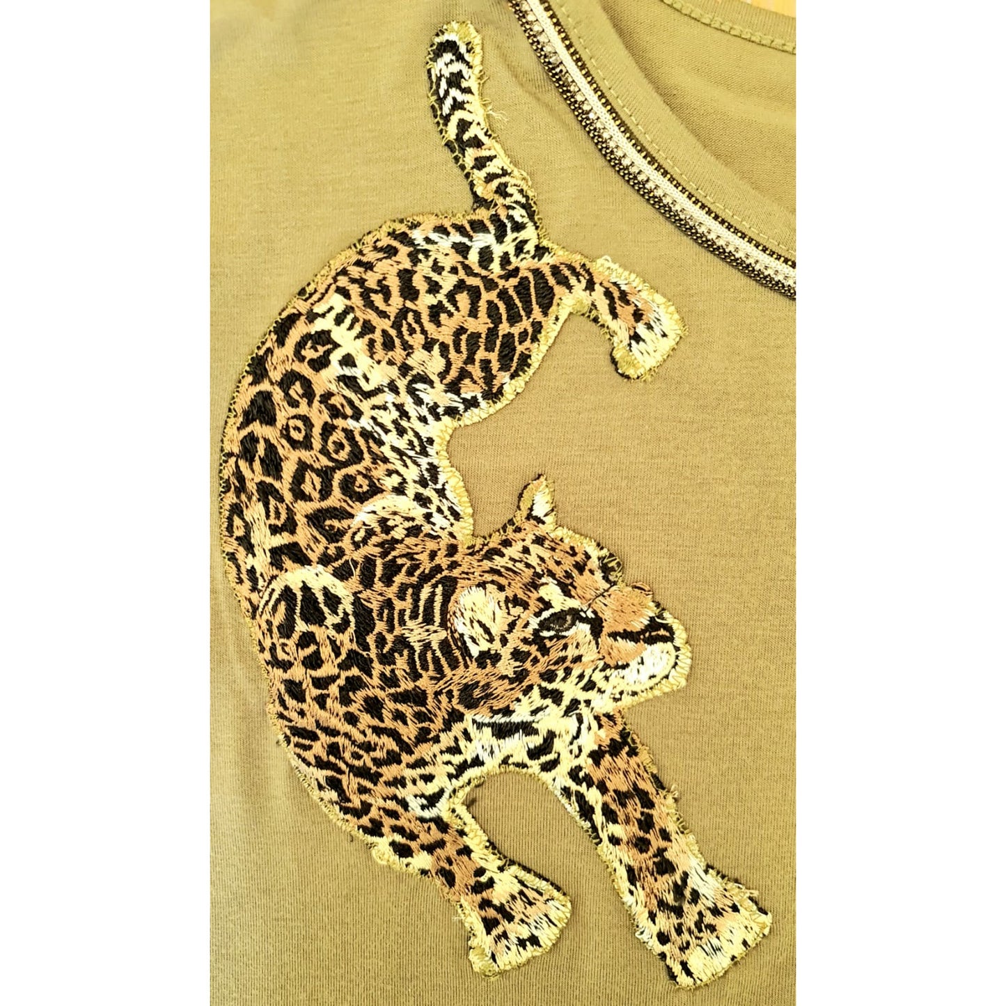 Khaki Green "Leo" T-Shirt For Ladies With Leopard Embroidery Patch And Metal Trim