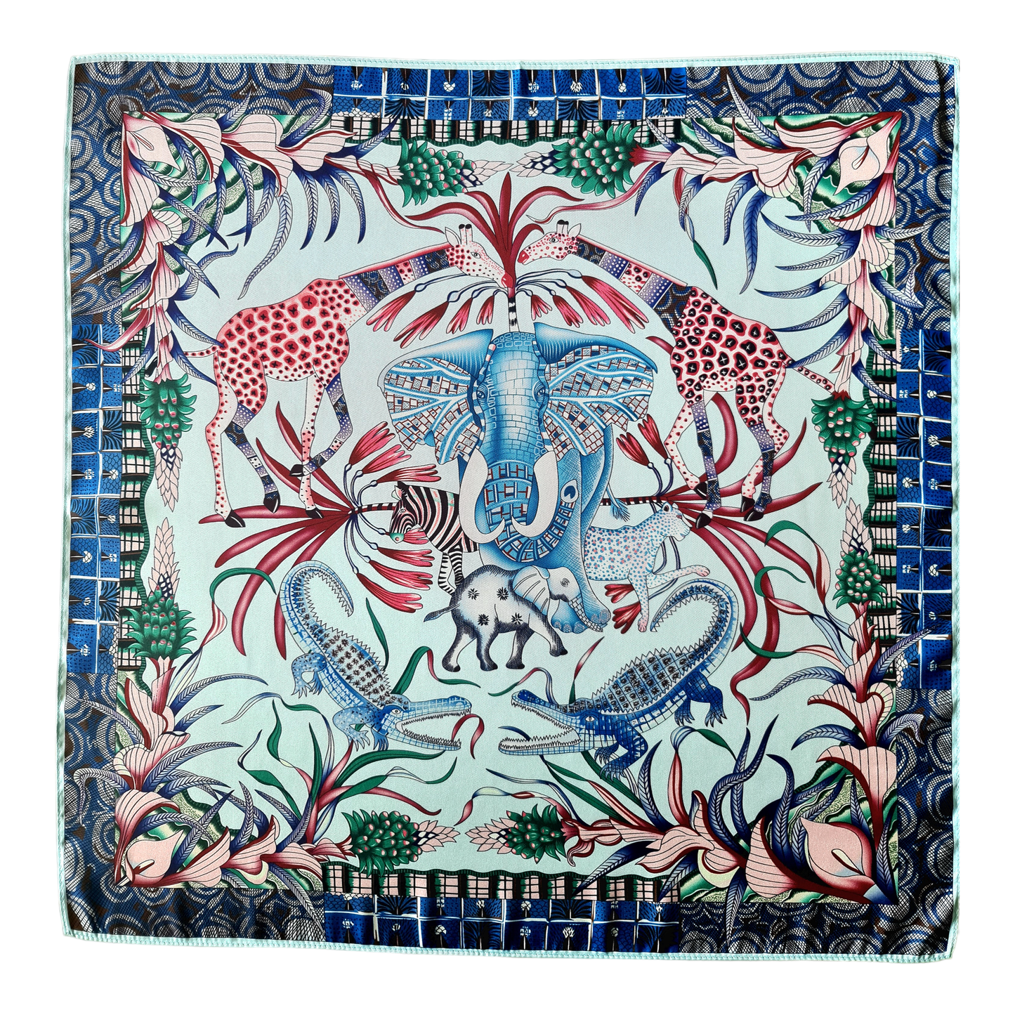 100% Satin Silk Scarf "L'éléphant Azuréen"