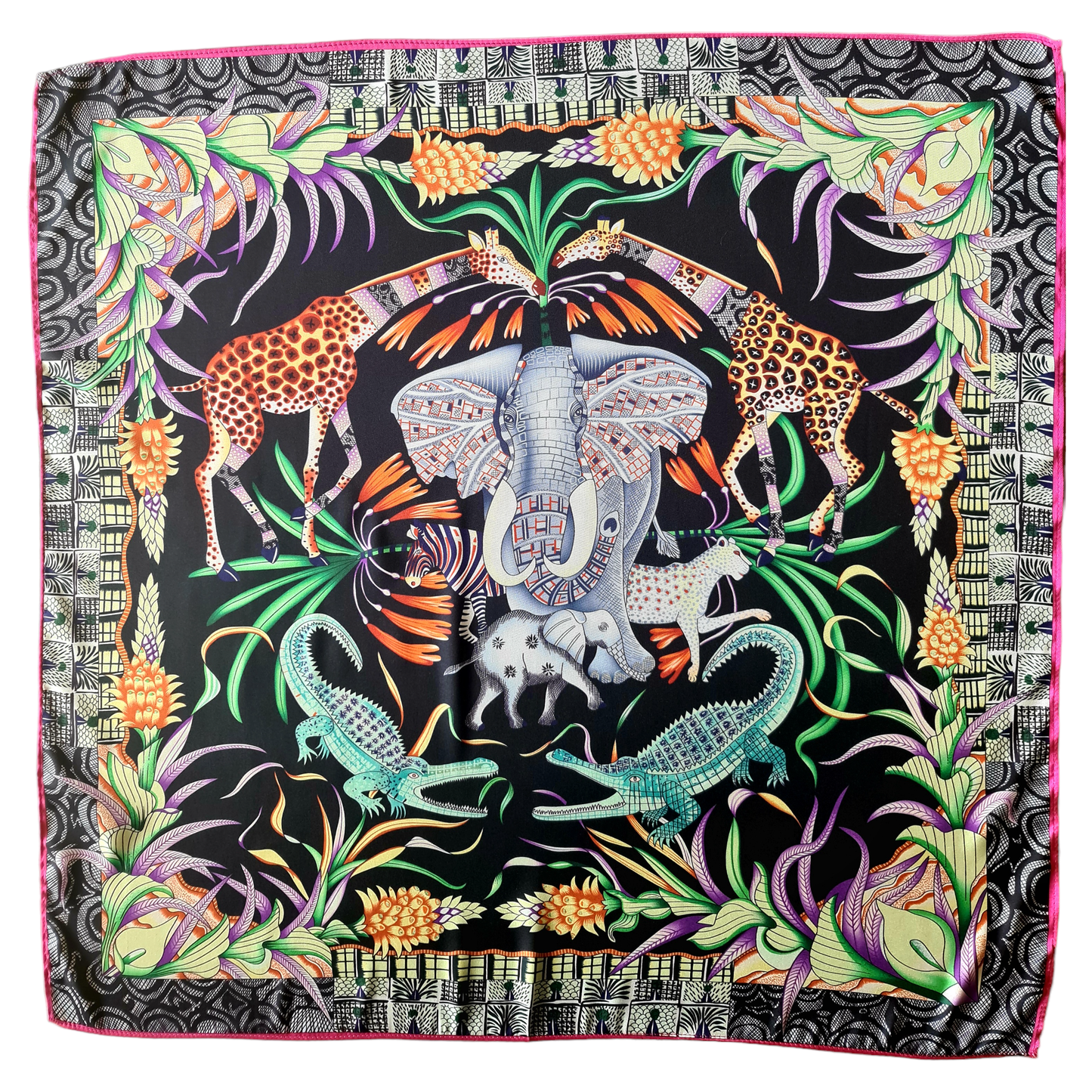 100% Satin Silk Scarf "L'éléphant Azuréen"