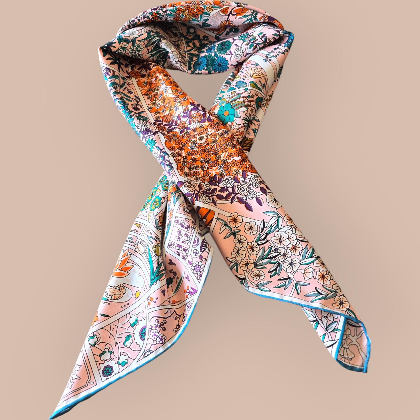 Pure Twill Silk Square Scarf 90cmx90cm "La Plage Florale"