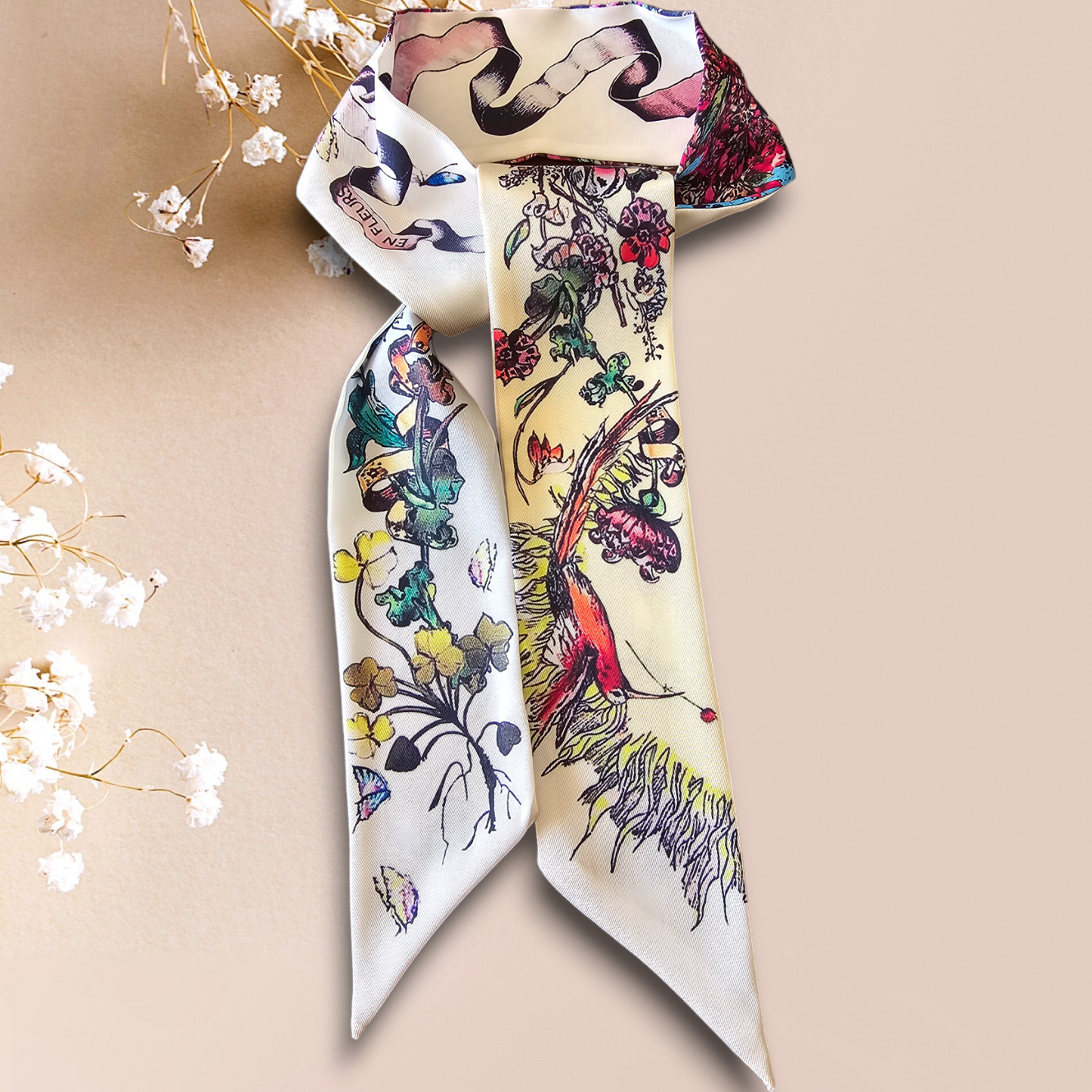 Twill Silk Long Scarf "En Fleurs"