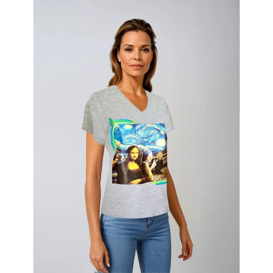 "Mona Lisa" Grey V-Neck T-Shirt For Woman Classic Fit
