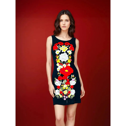 Black light jersey summer dress with flowers embroidery