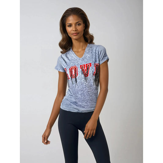 "Love" Grey V-Neck T-Shirt For Ladies With Embroidery Patch Details