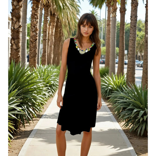 Blackcolour light jersey summer dress with beads neckline decor