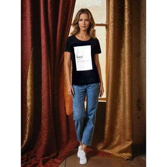 Black Round Neck T-Shirt For Ladies Classic Fit , "Love Is ..." Patch