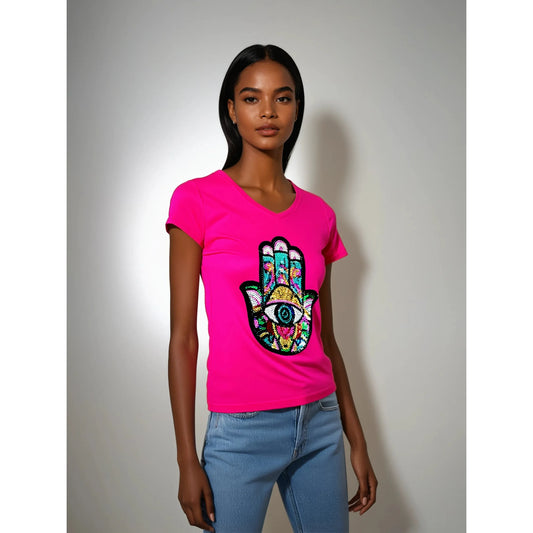 Stretched Cotton Round neck T-Shirt For Woman "Fatima Hand"