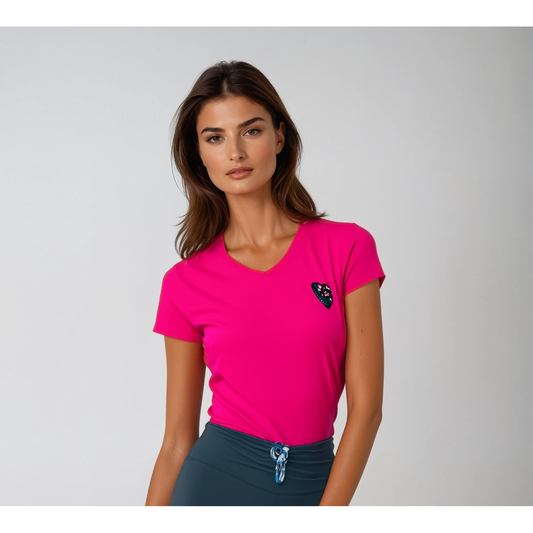 "Silk Heart" Slim Fit Fuchsia V-neck T-shirt For Ladies With Heart Embroidery Patch