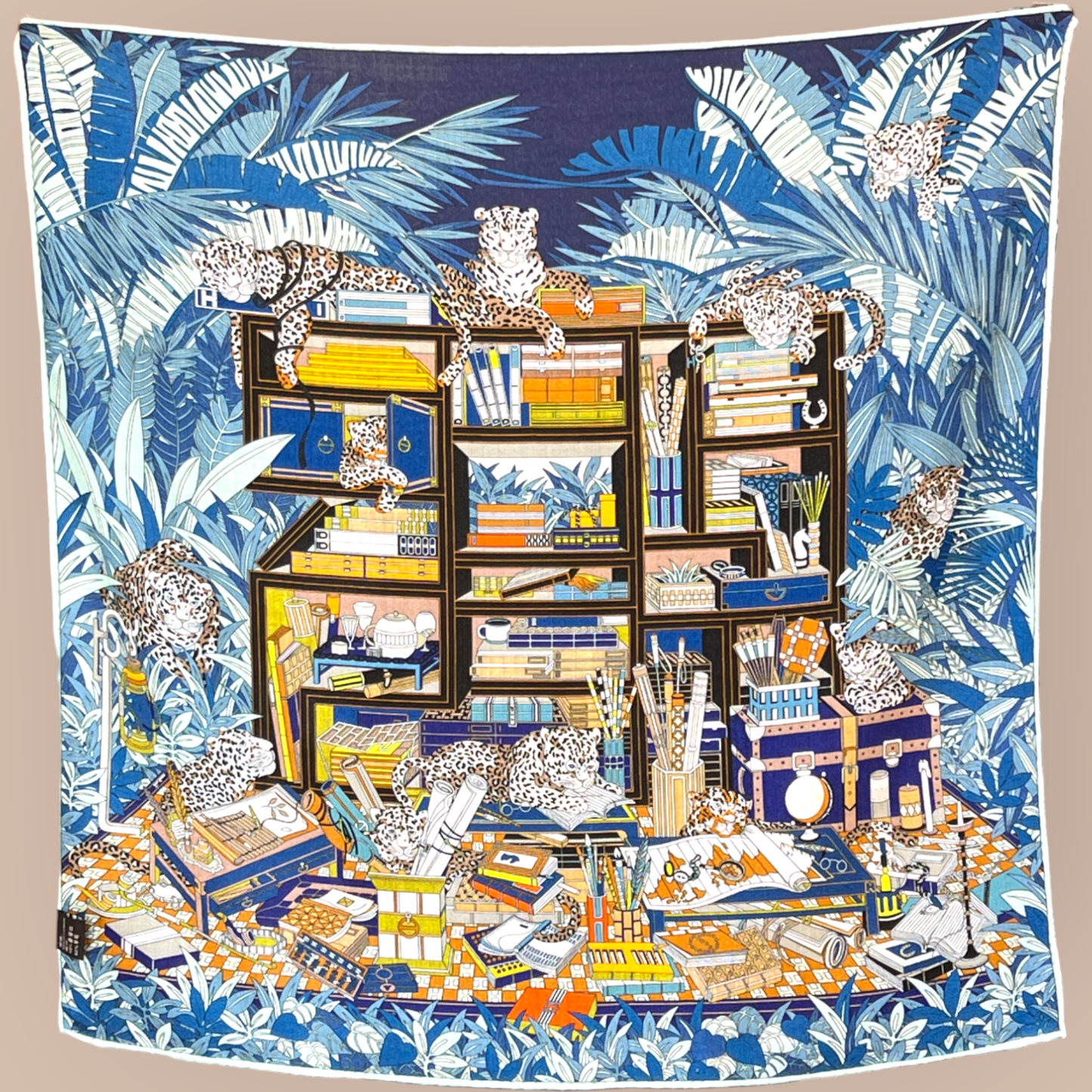 Silk Wool Double Sided Scarf "La Bibliothèque Imaginaire"