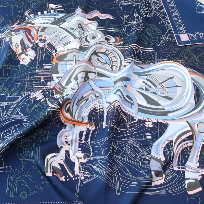 Luxury Pure Silk Twill Scarf "Le Percheron Endiablé"