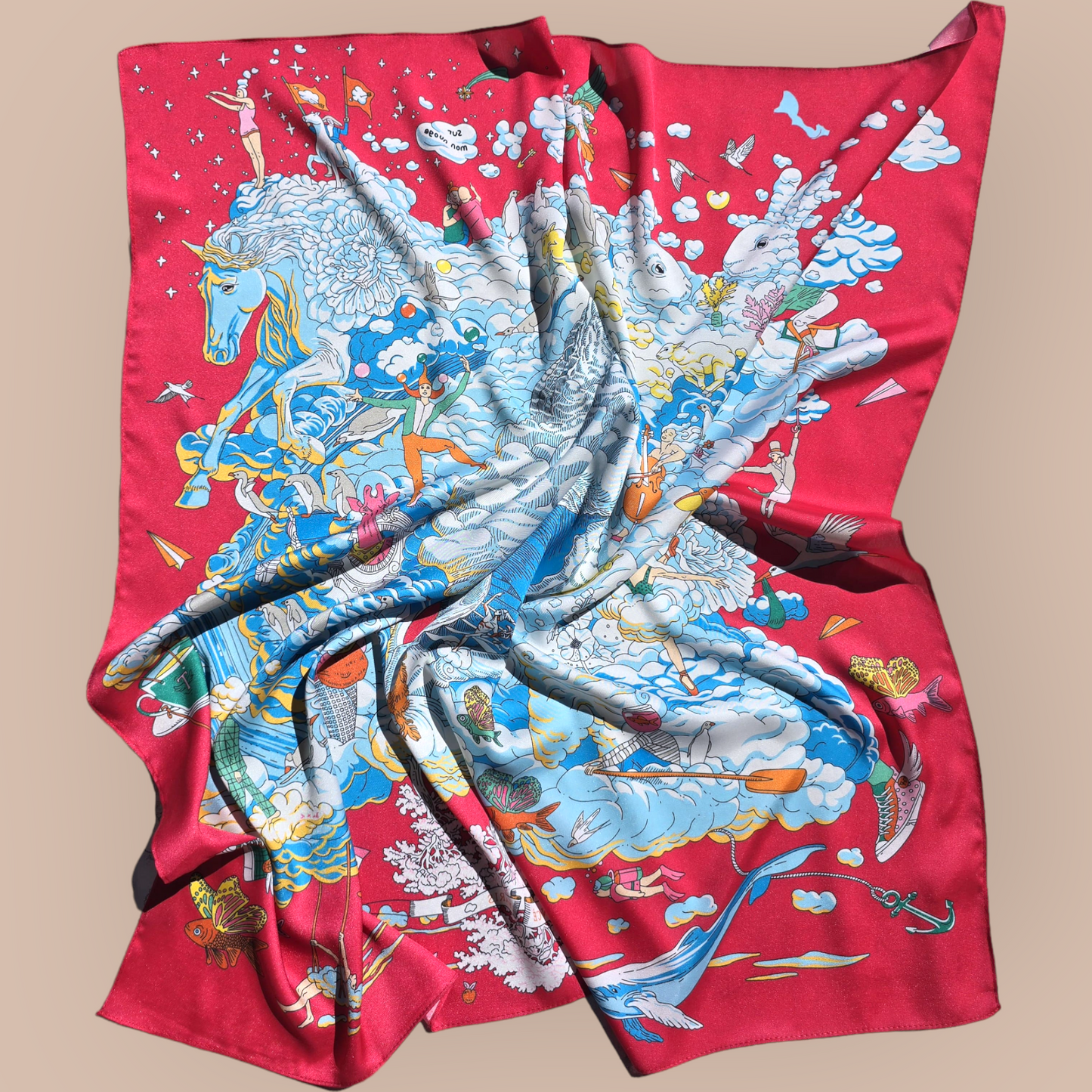 100% Satin Silk Scarf "Royaume Des Nuages"