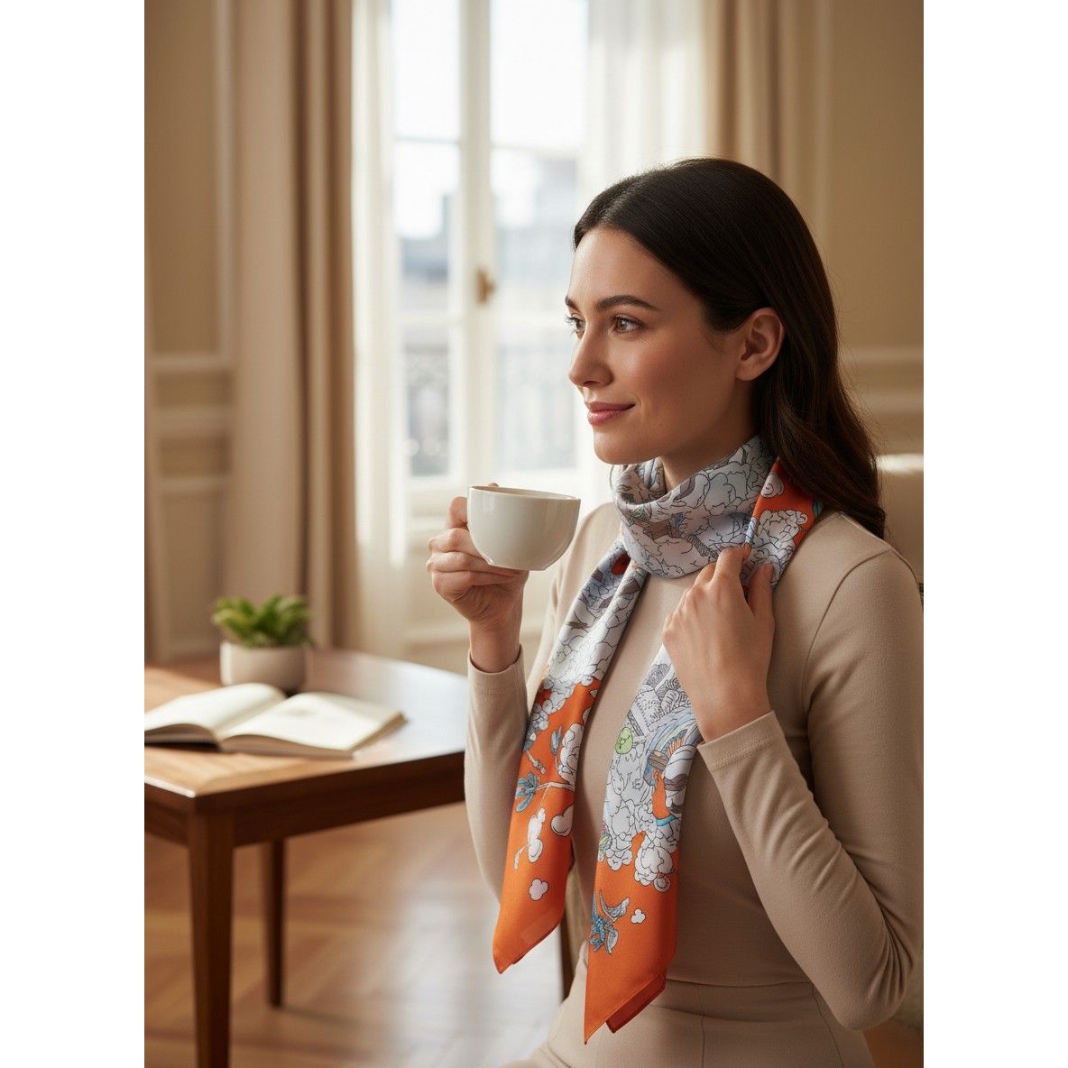 100% Satin Silk Scarf "Royaume Des Nuages"