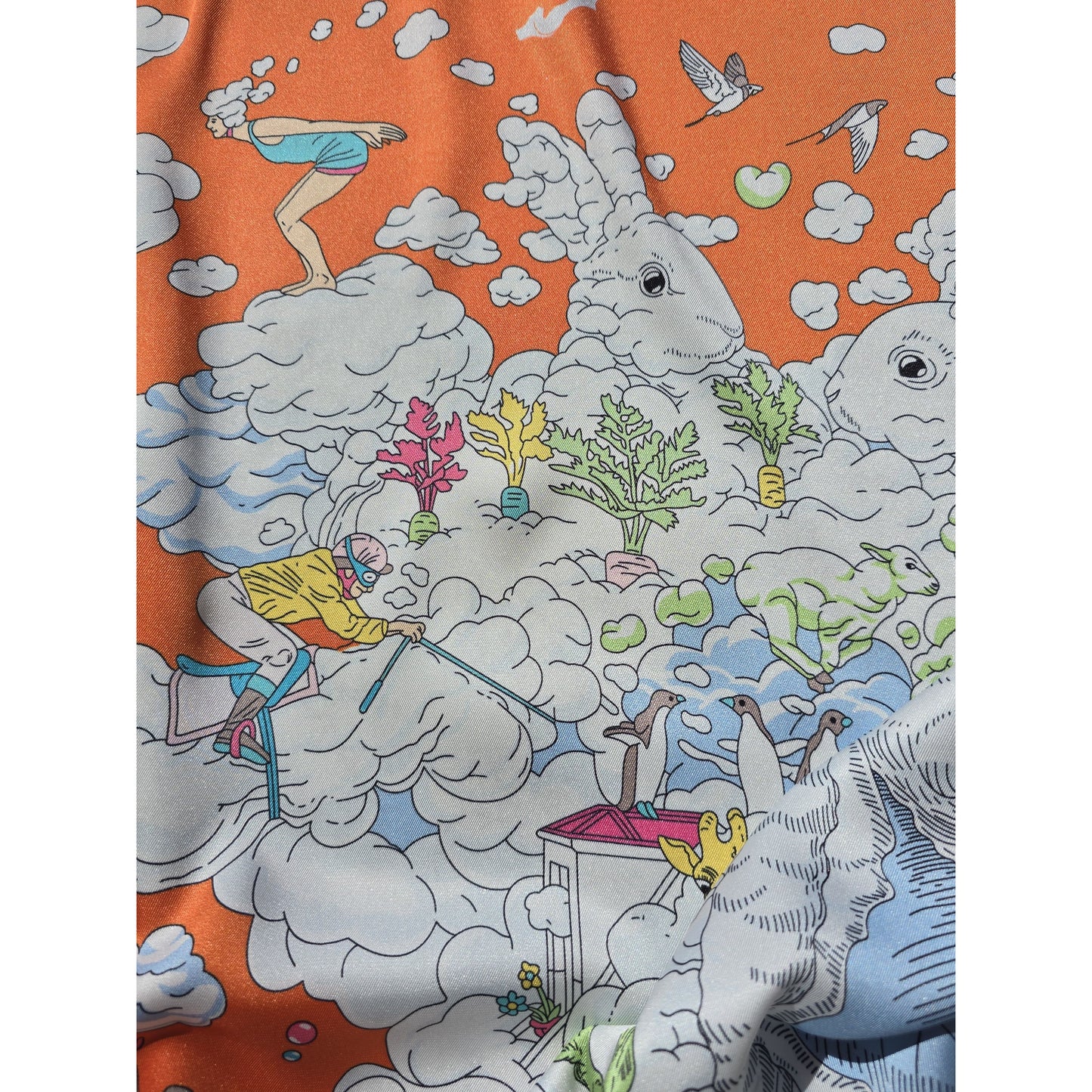 100% Satin Silk Scarf "Royaume Des Nuages"